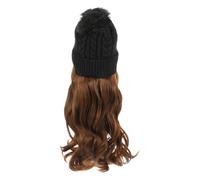 ERINGOGO Long Curly Synthetic Hairpiece with Casual Knitted Beanie Hat One-piece Wig Cap for Women Creative Warm Hairpiece in Light Brown Practical Stylish Winter Headwear