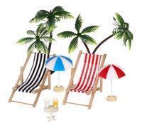 ERINGOGO Miniature Resin Beach Set for Dollhouse 2 Palm Trees 2 Mini Umbrellas 2 Beach Chairs (red Black) 2 Drinks round Tea Table Micro Landscape Decorative Palm Model