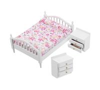 ERINGOGO Miniature Wooden Dollhouse Furniture with Double Bed and Two White Nightstands Sturdy Compact Bedroom Accessories for Doll House Play Educational Pretend Play for Spaces