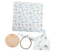 ERINGOGO Newborn Receiving Blanket with Soft Polyester Swaddle, Comfortable Infant Wrap with White Cute Headband and Hat, Includes Wooden Newborn Birth Announcement Sign for Baby