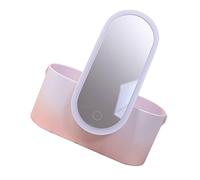 ERINGOGO Portable Cosmetic Organizer Box with LED Lighted Rotating Mirror, Pink Gradient Makeup Storage Case for Travel and Home, Battery-powered Vanity Display Holder,