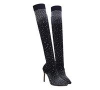 ERINGOGO Rhinestone Long High Heel Over The Knee Boots for Women Stylish Stretch Thigh High Design Comfortable and Breathable Present Black