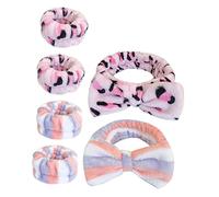 ERINGOGO Spa Face Wash Headband and Wristband Set 6pcs, Plush Tie-dye Pink Leopard and Blue-red Striped Soft Absorbent Bands for Women Girls Skincare and Makeup Use
