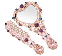 ERINGOGO Vintage Heart Shaped Vanity Mirror and Comb Kit Portable Foldable Compact Makeup Mirror with Comfortable Handle for Women Lightweight Beauty Accessory Gift in Rose Gold