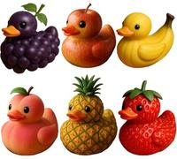 ERISAMO Whimsical Fruit-Themed Duck Figurines, Adorable Fruit Duck Decoration, Creative Fruits Themed Duckies Ornaments, Playful & Charming Decor, Unique Rubber Duck Desktop Ornament (Mixed-6Pcs)