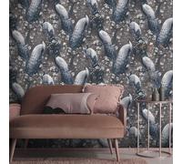 Erismann Wallpaper Abode Play of Light Peacock - Black Bird Feather Floral 10414-15