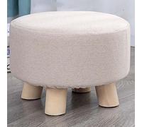 erkebspm Round Wooden Footstool Ottoman Stool,Linen Chair Stool Small with 4 Legs Padded for Shoes Wearing Stool Living Room Bedroom Office (28 * 20CM,Beige)