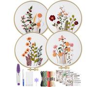 ERKOON 4 Sets Embroidery Kit for Beginners,Hummingbird and Flower Cross Stitch Set for Include Embroidery Cloth Hoops Threads for Craft Lover Hand Stitch (Flowers and Plants)