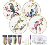 ERKOON Embroidery Kit for Beginners, 4 Sets Bird Flower Cross Stitch Kits for Adults Embellishment Starter Kits with Patterns and Instructions,Stitchery Clothes,Bamboo Hoops, Threads and Needles