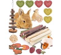 ERKOON Rabbit Treats Boredom Breaker, 34 Pcs Chew Treats for Rabbits,Rat,Chinchilla,Guinea Pig Teeth Grinding Toys Timothy Hay Sticks Apple Wood Stick Carrot Grass Cake Hanging Toy