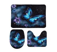 ERKSOUKA Bathroom Rugs Set 3 Pieces,Galaxy Blue Butterfly Bathroom Mat Bath Set Non-Slip Ultra Soft Carpet Mats Absorbent with U-Shaped Toilet for Toilet Bath Mat Set