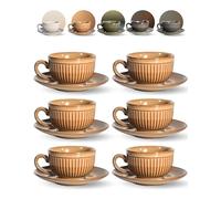 Erkundpresso. Espresso Cups and Saucers Set 6pcs 100ml, Thick-Walled Heat-Retaining,Scald-Proof, Ceramic Demitasse, Lead-Free, Vintage Minimalist Design for Espresso/Doppio/Macchiato/Tea - Brown