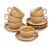 Erkundpresso. Espresso Cups and Saucers Set 6pcs 100ml, Thick-Walled Heat-Retaining,Scald-Proof, Ceramic Demitasse, Lead-Free, Vintage Minimalist Design for Espresso/Doppio/Macchiato/Tea - Brown