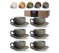 Erkundpresso. Espresso Cups Set with Saucers (6 x 100 ml) - Espresso Cups Set of 6 Stoneware Coffee Cups Thick-Walled with Handle - Handmade Barista Coffee Cups - Cement Grey