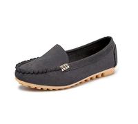 ERLINGO Women Leather Flat Loafers, Ladies Low-Cut Round Toe Walking Loafer Moccasin Non-Slip Soft Driving Shoes Comfortable Casual Boat Shoes Grey