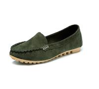 ERLINGO Women Leather Flat Loafers, Ladies Low-Cut Round Toe Walking Loafer Moccasin Non-Slip Soft Driving Shoes Comfortable Casual Boat Shoes Army Green