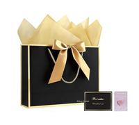 Erliway 1 Pc Medium Gift Bags with Handles,12.6" Black-Gold Paper Gift Wrap Bag with 1" Natural Rose Quartz Heart Crystal for Wedding Bridesmaids Father's Day,Includes Ribbon Card Tissue Paper
