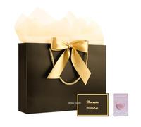 Erliway 1 Pc Medium Gift Bags with Handles,12.6" Black Paper Gift Wrap Bag with 1" Natural Rose Quartz Heart Crystal for Men Birthday Shopping Business Father's Day,Includes Ribbon Card Tissue Paper