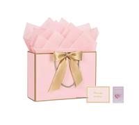Erliway 1 Pc Small Gift Bags with Handles, 11" Pink-Gold Paper Gift Wrap Bag with 1" Natural Rose Quartz Heart Crystal for Bridal Shower Bachelor Party Thanksgiving, Includes Ribbon Card Tissue Paper