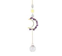 Erliway Natural Amethyst Crystal Moon Suncatchers for Window, 13-13.8'' Length Crystal Wind Chime Octagonal Bead Pendant, Healing Crystals Dream Catcher Ornament for Home Garden Decor