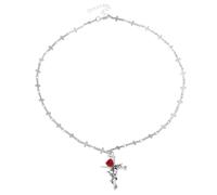 ERLOSYA Vintage Rose Cross Pendant Necklace for Women,Trendy Cross Link Chain Rose Inlaid On The Cross Pendant Choker Dark Gothic Punk Rock Gift, big, Metal, No Gemstone