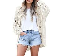 Ermonn Womens Crochet Cardigan Sweater Kimonos Boho Solid Color Oversized Spring Open Front Outwear, Cream White, M