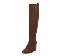 Ermonn Womens Faux Suede Wide Calf Over The Knee Side Zipper Chunky Heel Stretch Thigh High Winter Boots, Coffee, 6 UK