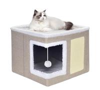 ERNAN Cat Beds,Cat Bed for Indoor Cats, Foldable Cat House,Large Soft Cave Bed with Scratching Board for Small Medium Pets (biege, S)