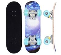ERNAN Complete Skateboard, 17 Inch Double Kick Skateboard, Wheels Light Up When Moving, Assorted Designs and Colours with Skate T-Tool (cyan blue)
