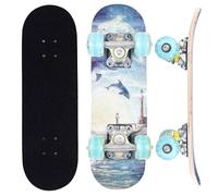 ERNAN Complete Skateboard for Beginners,17 Inch Double Kick Skateboard for Kids Teenagers,Wheels Light Up When Moving, Assorted Designs and Colours with Skate T-Tool (dolphin, 17in)