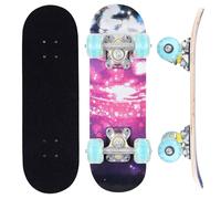 ERNAN Complete Skateboard for Beginners,17 Inch Double Kick Skateboard for Kids Teenagers,Wheels Light Up When Moving, Assorted Designs and Colours with Skate T-Tool (Pink Nebula, 17in)