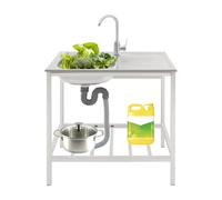 ERnonde Single Bowl Kitchen Sinks, Free-Standing Commercial Catering Versatile Large Outdoor Sink, 75x40x75cm Garden sink with Operation Countertop and Bottom Shelf, with Faucet, Drainpipe, Inlet Pipe