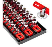 Ernst Manufacturing 18-Inch Red Socket Boss - 3-Rail Premium Multi-Drive (1/4", 3/8", 1/2") Socket Organizers with Twist Lock Clips, 57 SAE/Metric Tool Holder - Red