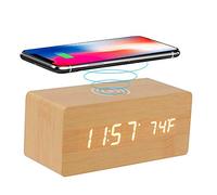ERNZI Bedside Wireless Charging Radio Alarm Clock with Dimmable LED Display - Non Ticking Mains Powered Dual Alarm Clock with USB Charger and Bluetooth Speaker,Brown