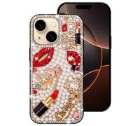 Erolagomat Bling Case for iPhone 15,Shiny Luxury Designer Phone Case with Glitter Sparkle Diamond Crystal Rhinestone Lips Lipstick Pearl Flowers High Heels，Soft Bumper Cover for Women Girl