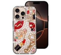 Erolagomat Bling Case for iPhone 16 Pro Max,Shiny Luxury Designer Phone Case with Glitter Sparkle Diamond Crystal Rhinestone Lips Lipstick Pearl Flowers High Heels，Soft Bumper Cover for Women Girl
