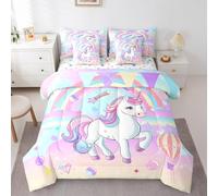 Erosebridal 7 Pcs Comforter Set Twin Size,Rainbow Unicorn Bed in a Bag with Flat Sheet and Fitted Sheet for Kids Teens Adult,Purple Unicorn Horse Ombre Reverse Bedding Set with Pillowcase and Sham