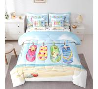 Erosebridal 7 Pcs Summer Beach Comforter Set with Sheets Queen Size Blue Coastal Bedding Set Watercolor Summer Seaside Hawaii Bed in A Bag Colorful Flip-Flop Bed Sets for Kids Teens Adults Bedroom