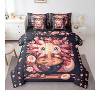 Erosebridal 7Pc Axolotl Ramen Queen Bedding Set,Japanese Ramen Noodle Comforter Set,Pink Cherry Blossom Bed Set with Sheets,Food Themed Bed in a Bag Funny Axolotl Gifts for Kids Girls Boys Adults