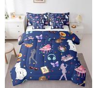 Erosebridal 7Pcs Navy Blue Bedding Sets King Colorful Stars Comforter Set Butterfly Piano Bed in A Bag Fashion Disco Ball Lips Quilt with Flat Fitted Sheet for Boys Girls
