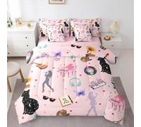 Erosebridal 7Pcs White Pink Bedding Sets Queen Fashion Music Themed Comforter Set Disco Ball Piano Bed in A Bag for Women Girls Butterfly Cat Animals Quilt with Flat Fitted Sheet Modern Style Decor