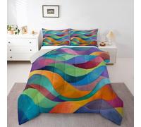Erosebridal Abstract Geometric Queen Bedding Set Orange Blue Purple Comforter Set for Teens Adults Mountain Sea Line Art Bed Set Colorful Geometric Stripe Quilt Set
