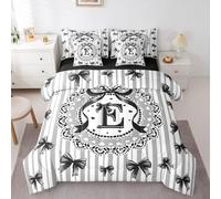 Erosebridal Black Bow Knot Twin Bed in a Bag with Sheets for Girls - Initial E Personalized Bows 7Pcs Comforter Set for Kids Teen, Cute Preppy Grey Striped Bedding Sets, Aesthetic Fitted Top Sheet