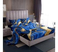 Erosebridal Blue Gold Marble Bed Sheets Set Full, Marbling Crack Print Sheet Set for Teens, Abstract Metallic Texture Sheets, Luxury Shinny Room Decor Boho Hippie Fluid 4Pcs Flat Fitted Sheet