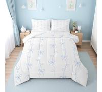 Erosebridal Blue Ribbon Bow Queen Comforter Set,Blue Coquette Bowknot Bedding Sets for Girls Kids Teen,Girly Princess Bowtie Bed Set,Cute Bows Kawaii Room Decor,2 Pillowcases Breathable