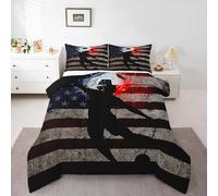 Erosebridal Boys Soccer Football Bedding Set Queen Retro USA Flag Bedding Set, Vintage Grunge Stripe Duvet Insert Ice and Fire Quilt Sets American Flag Stars Bedding Comforters & Sets Black Grey 3pcs