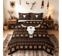 Erosebridal Bull Skull Queen Size Bedding Set, Boho Aztec Comforter Set for Boys Men Bedroom Decor, Western Cowboy Down Comforter, Native American Ethnic Horns Duvet Insert with 2 Pillow Cases, Brown