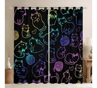 Erosebridal Cartoon Cute Curtains & Drapes Aesthetic Kawaii Cat for Boys Girls, Kids Kitten Blackout Colorful Neon Lines Living Room Curtains, Animal Window Black