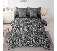 Erosebridal Cheetah Print Queen Comforter Set 7 Piece Leopard Letter M Bedding Set Grey Black Leopard Bed in A Bag for Adults Men Women,African Wildlife Animal Skin Bed Set Room Decor