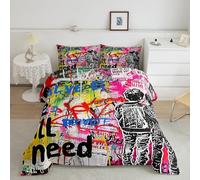 Erosebridal Colorful Graffiti Comforter Set Abstract Messy Grunge Design Art Bedding Comforter Sets Hip Hop Street Graffiti on Wall Bedding Peace and Love Theme Duvet Set Full 3 Piece